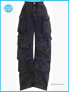 Relaxed Fit Cargo Jeans Y2K Grunge Streetwear Multi-Pocket Flared Leg Pants